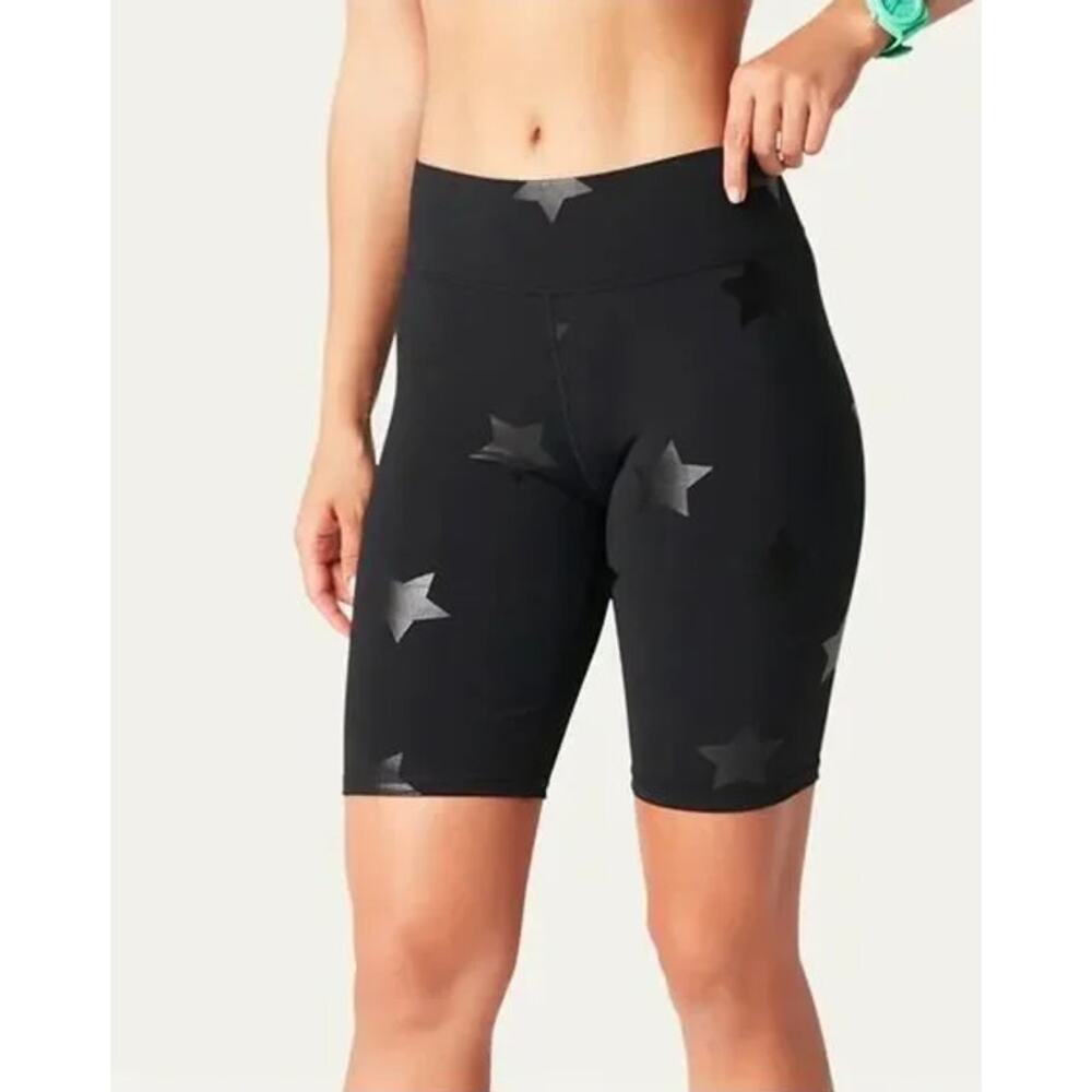 Terez UpLift Star Foil Print Bike Shorts Mid Rise Yoga, Black
